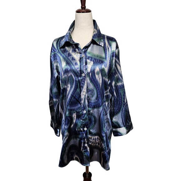 Chico's Tops - Chicos Shirt Womens 2 Blue Green Paisley Button Up Sheer 3/4 Sleeve Stretch Top